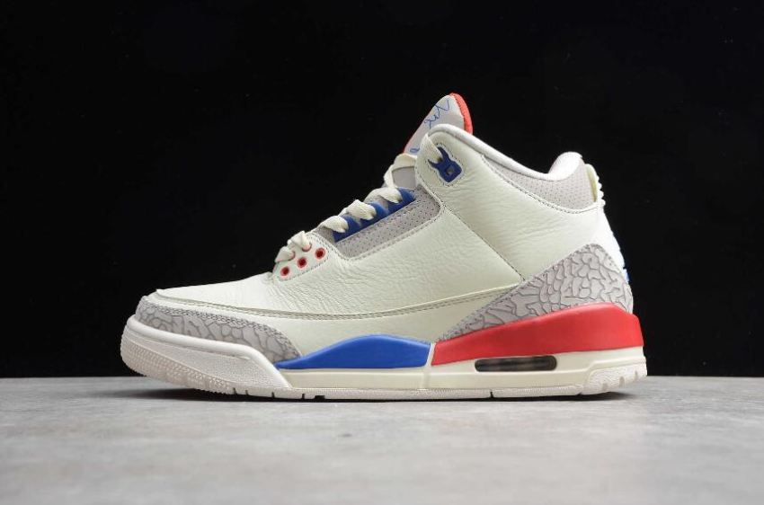 Men's Air Jordan 3 Retro Milky White Grey Blue Red Basketball Shoes