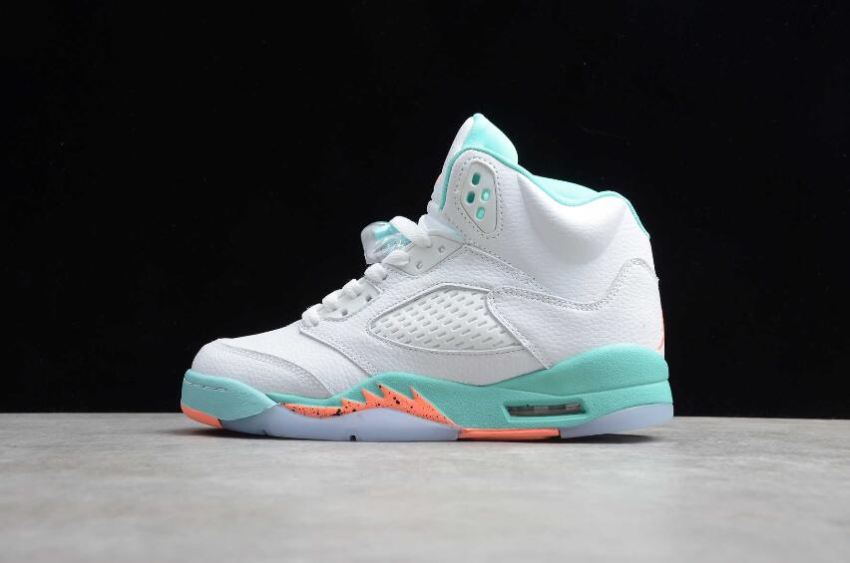 Men's Air Jordan 5 Retro GS White Crimscn Pulsc Light Aqua Basketball Shoes - Click Image to Close