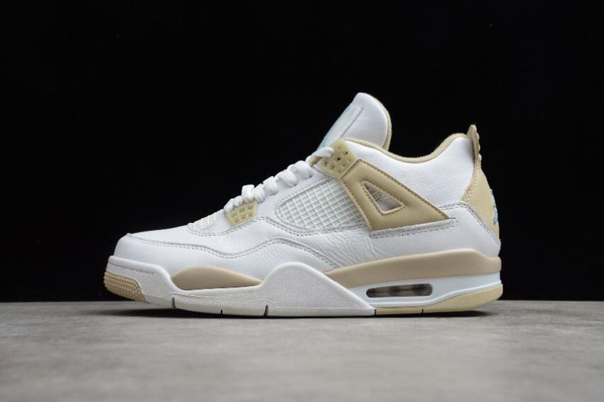 Women's Air Jordan 4 Retro GG Linen White Boarder Blue Light Sand Basketball Shoes - Click Image to Close