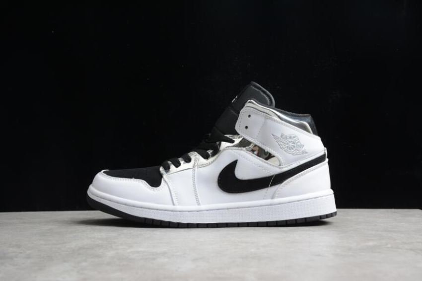 Men's Air Jordan 1 Mid White Metallic Silver Black Basketball Shoes - Click Image to Close