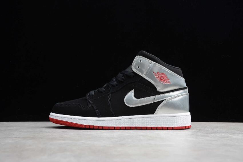 Men's Air Jordan 1 Mid Black Gym Red Metallic Silver Basketball Shoes - Click Image to Close