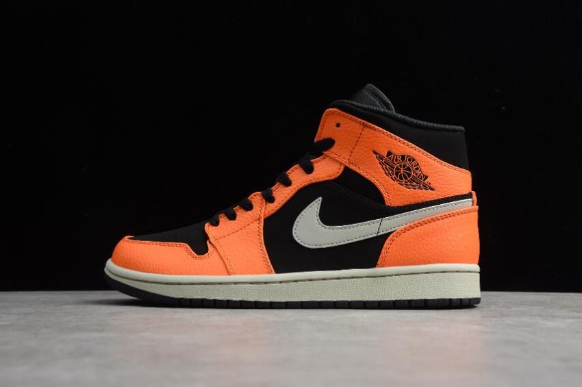 Men's Air Jordan 1 Mid SE Black Orange Cone Light Bone Basketball Shoes - Click Image to Close