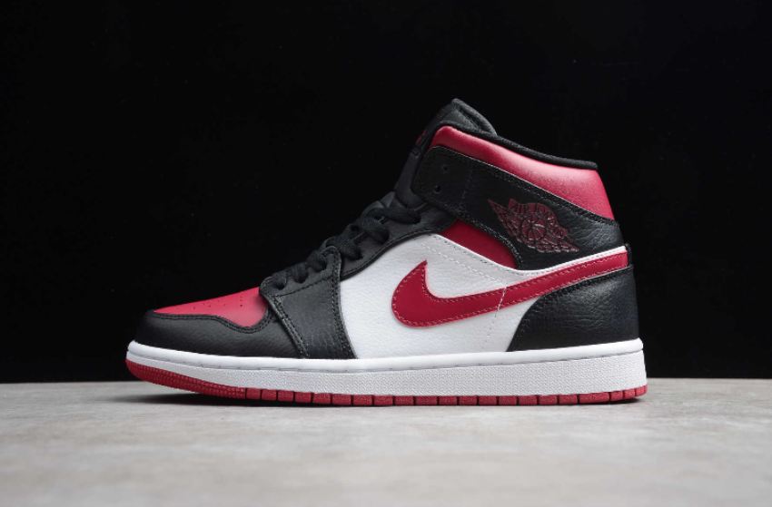 Men's Air Jordan 1 Mid Black Bred Toe White Basketball Shoes - Click Image to Close