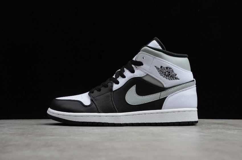 Women's Air Jordan 1 Mid White Shadow Black White Light Smoke Grey Basketball Shoes - Click Image to Close