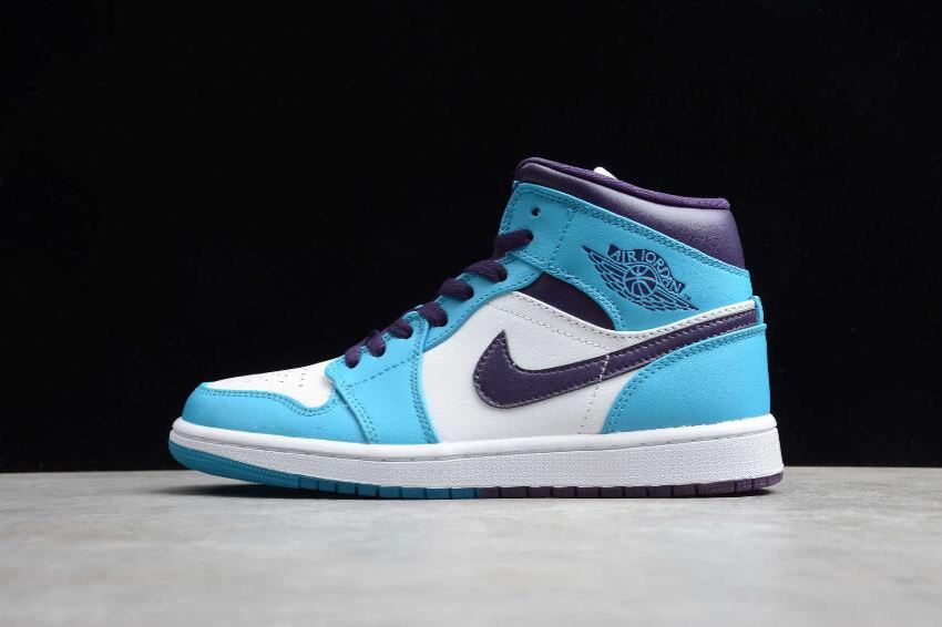 Men's Air Jordan 1 Mid Blue Lagoon Grand Purple White Basketball Shoes - Click Image to Close