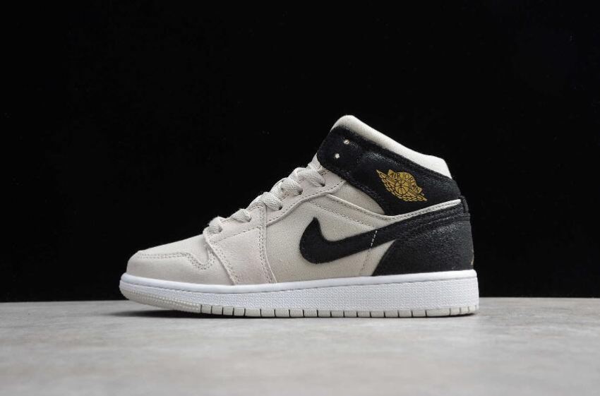 Women's Air Jordan 1 Mid BG Light Bone Metallic Gold Black Basketball Shoes