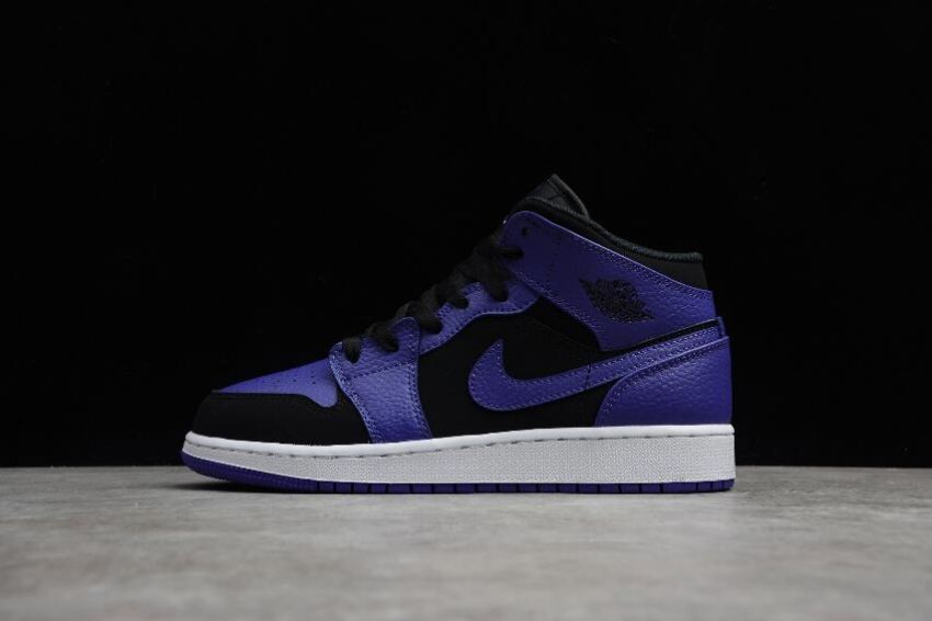 Women's Air Jordan 1 Mid GS Black Purple Dark Concord White Basketball Shoes