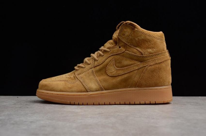 Women's Air Jordan 1 Retro High OG Wheat Golden Harvest Elemental Gold Basketball Shoes - Click Image to Close