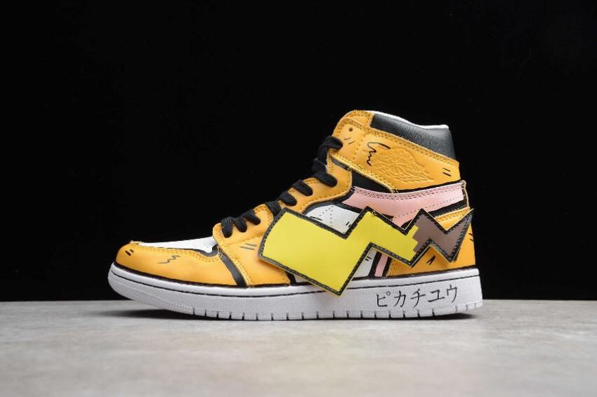 Women's Air Jordan 1 Mid DIY Pikachu Custom Yellow White Basketball Shoes