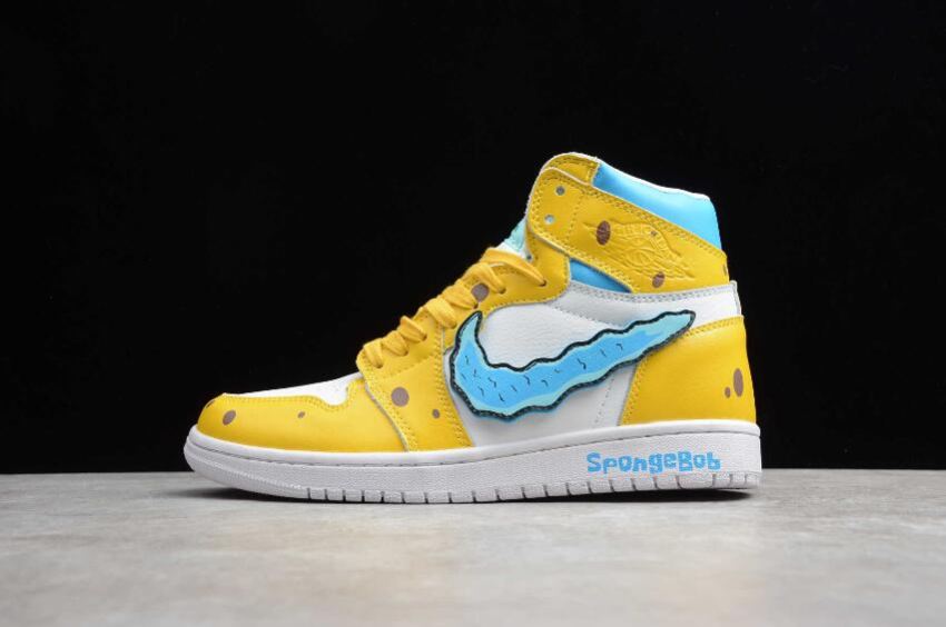 Women's Air Jordan 1 SpongeBob Yellow White Blue Basketball Shoes