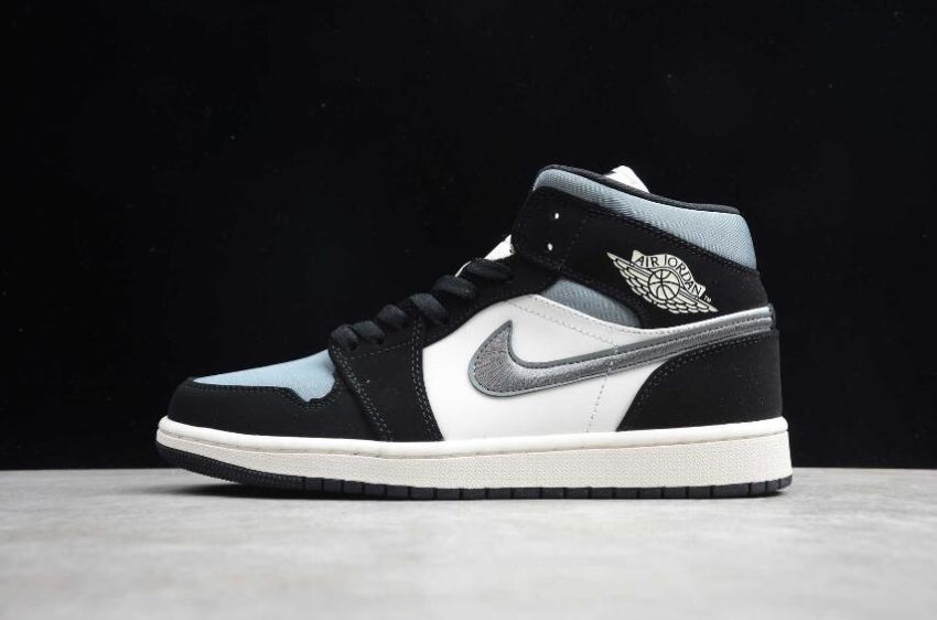 Women's Air Jordan 1 Mid Black White Grey Basketball Shoes - Click Image to Close