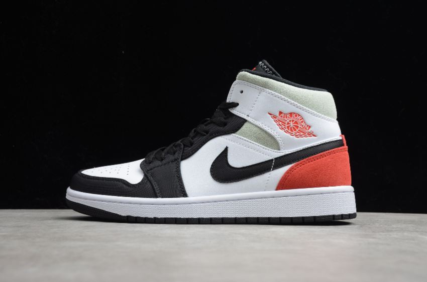 Women's Air Jordan 1 Mid Buckle Black Toes Whit Red Basketball Shoes - Click Image to Close