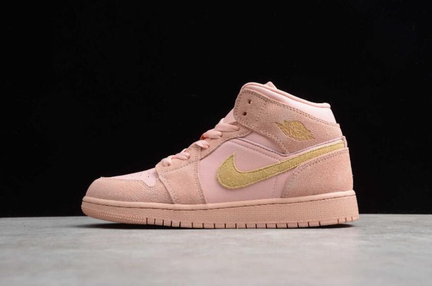 Women's Air Jordan 1 Mid SE Coral Stardust Club Gold Basketball Shoes - Click Image to Close