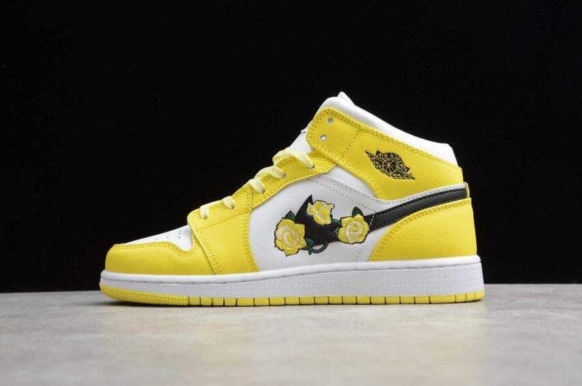 Men's Air Jordan 1 Mid SE GS White Yellow Embroidery Rose Basketball Shoes