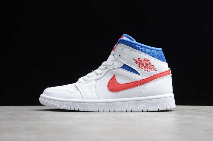 Women's Air Jordan 1 Mid White University Red Game Royal Basketball Shoes - Click Image to Close