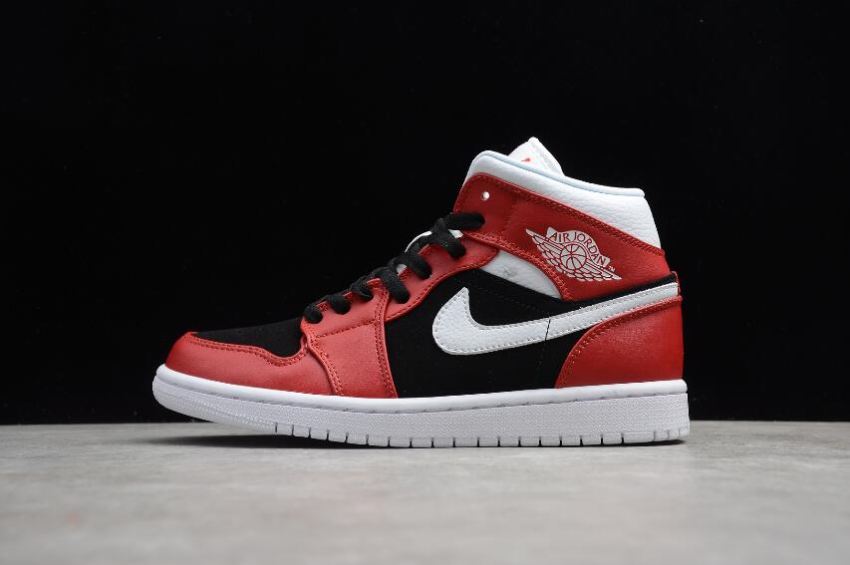 Women's Air Jordan 1 Mid Black University Red White Shoes Basketball Shoes - Click Image to Close