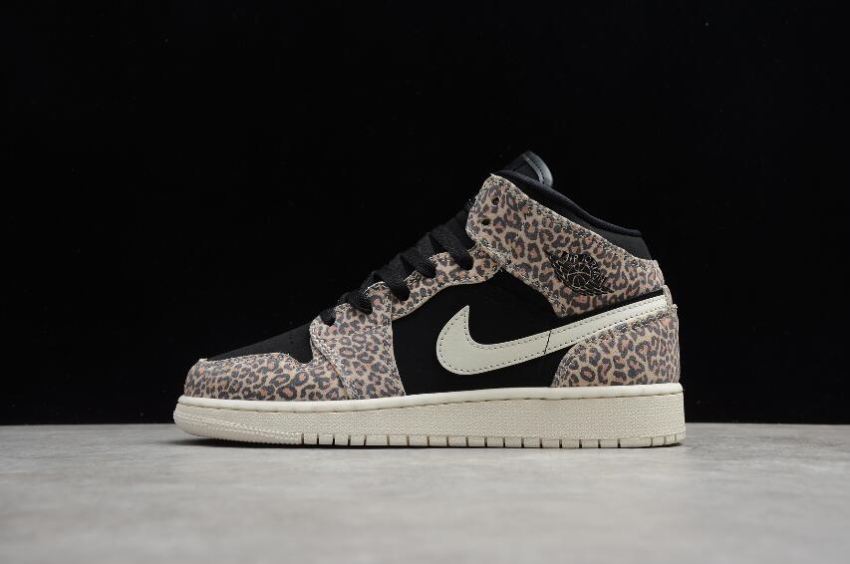 Women's Air Jordan 1 Mid SE GS Black Pale Ivory Desert Ore Shoes Basketball Shoes - Click Image to Close