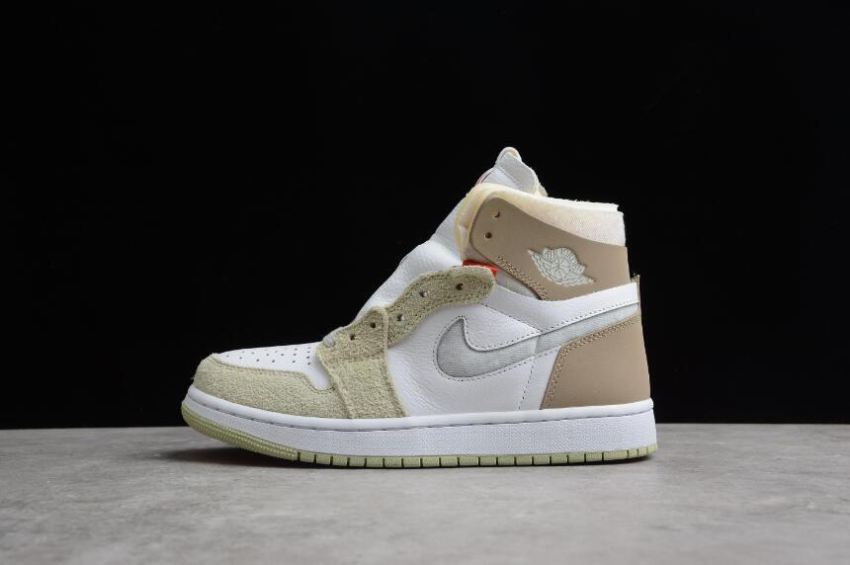 Women's Air Jordan 1 Zoom Air Cmft White Grey Heather Olive Aura Shoes Basketball Shoes - Click Image to Close