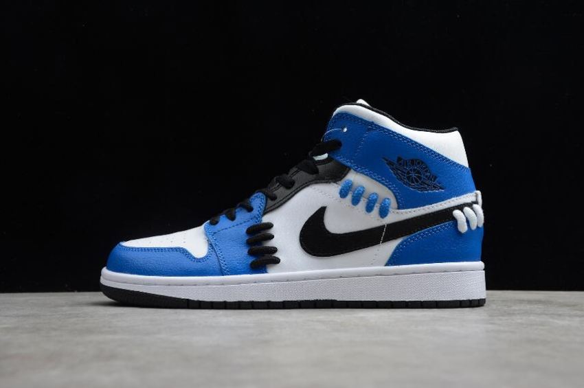 Women's Air Jordan 1 Mid Quil Ted Game Royal White Blue Black Basketball Shoes - Click Image to Close