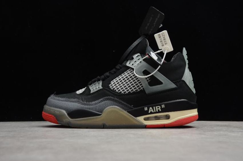 Men's Air Jordan 4 Retro OW SP Sail Black Grey Red Basketball Shoes - Click Image to Close