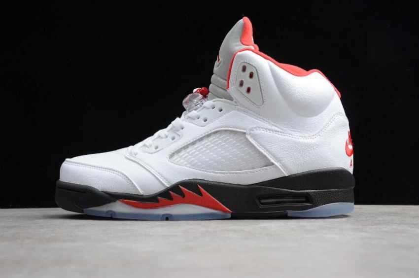 Men's Air Jordan 5 Retro True White Fire Red Black Basketball Shoes - Click Image to Close