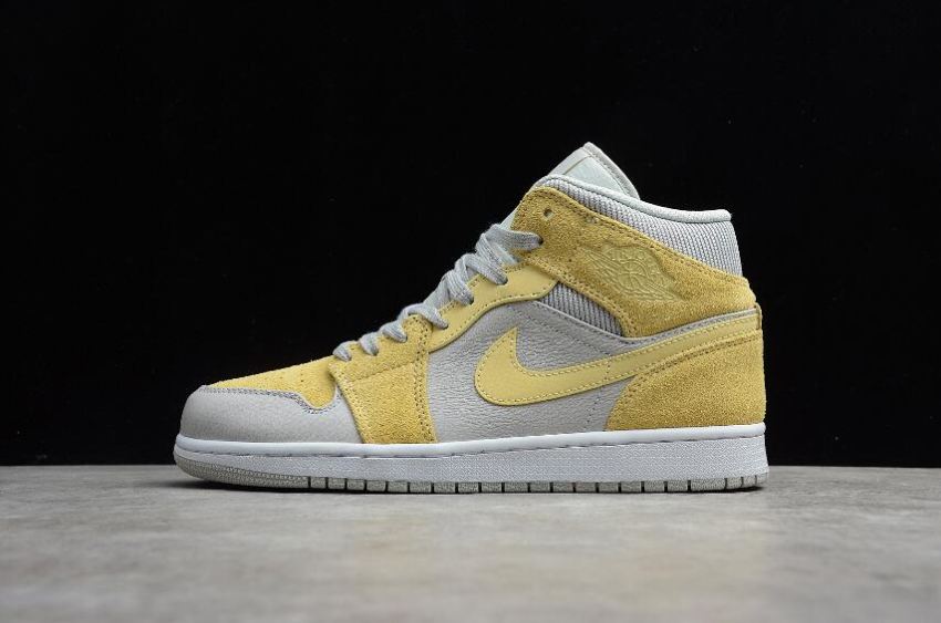 Women's Air Jordan 1 Mid Grey Fog Lemon Wash White Basketball Shoes - Click Image to Close