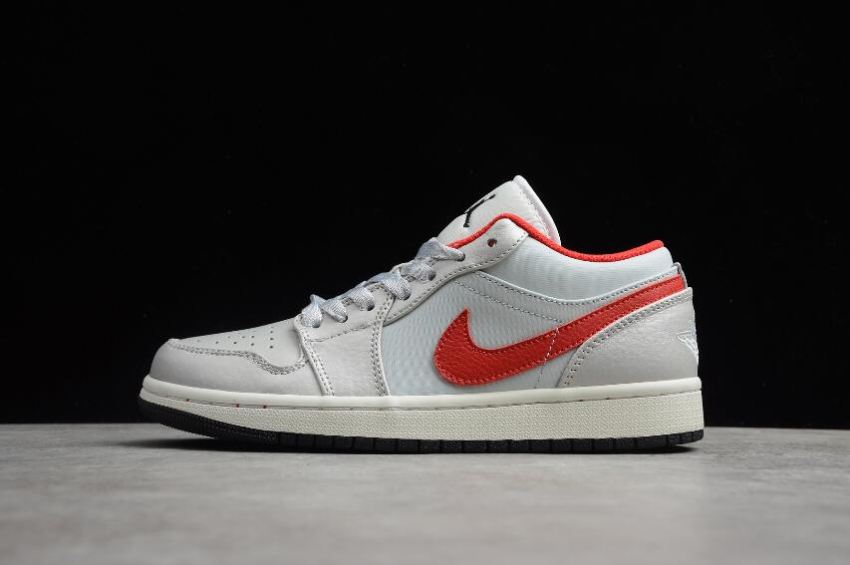 Women's Air Jordan 1 Low PRM GS Metallic Silver Red Tumbled Leather Swooshes Basketball Shoes - Click Image to Close