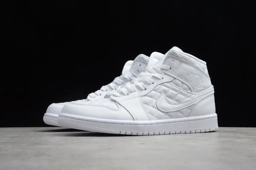 Men's Air Jordan 1 Mid Quilted Triple White Basketball Shoes