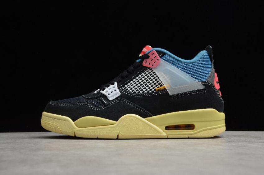 Women's Union x Air Jordan 4 Retro Off Noir Brigade Blue Dark Smoke Grey Light Fusion Red Basketball Shoes - Click Image to Close