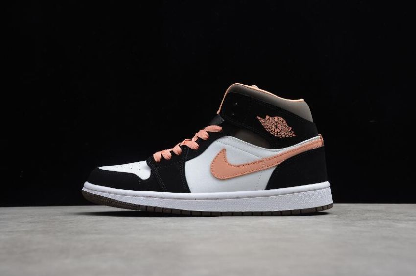 Men's Air Jordan 1 Mid Se White Apricot Agate Black Basketball Shoes - Click Image to Close