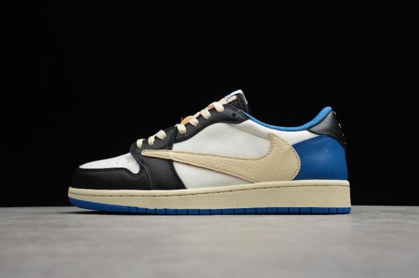 Men's Fragment x Travis Scott x Air Jordan 1 Retro Low Sail White Black Miltry Blue Basketball Shoes - Click Image to Close