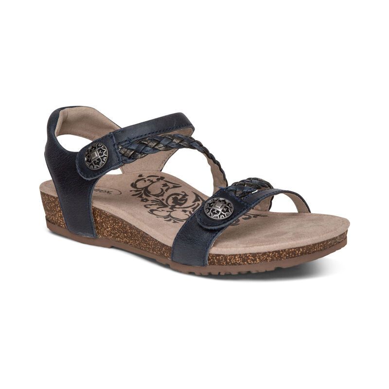 Aetrex | Women's Jillian Braided Quarter Strap Sandal-Navy | New Arrivals