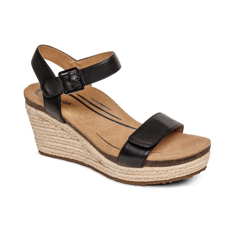 Aetrex | Women's Sydney Quarter Strap Espadrille Wedge-Black Leather | New Arrivals