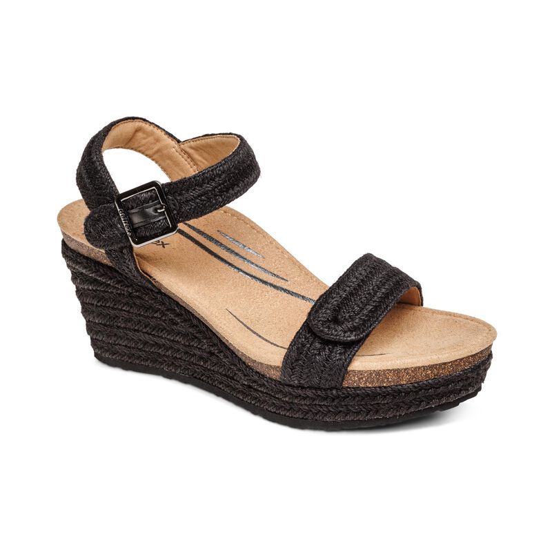 Aetrex | Women's Sydney Quarter Strap Espadrille Wedge-Black Jute | New Arrivals