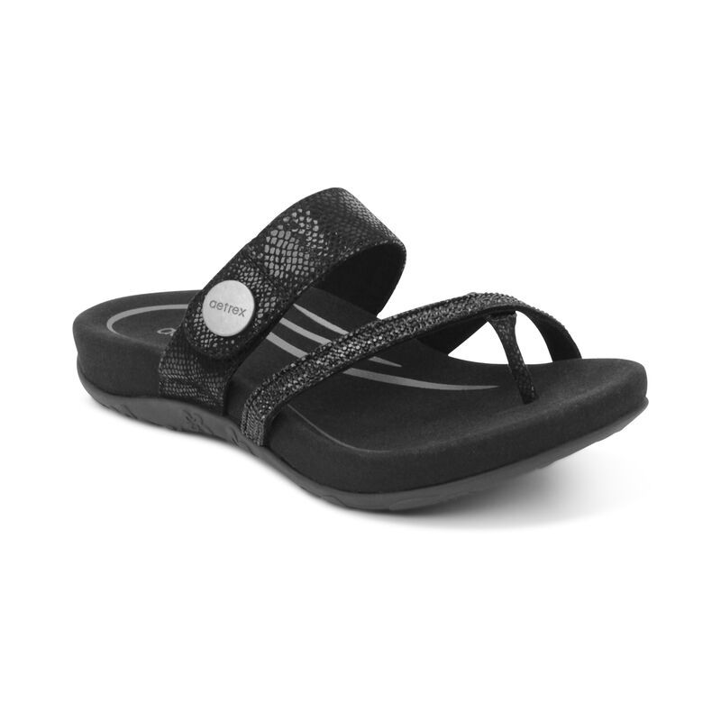 Aetrex | Women's Izzy Adjustable Slide Sandal-Black Sparkle | New Arrivals