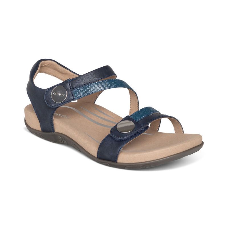 Aetrex | Women's Jess Adjustable Quarter Strap Sandal-Navy | New Arrivals