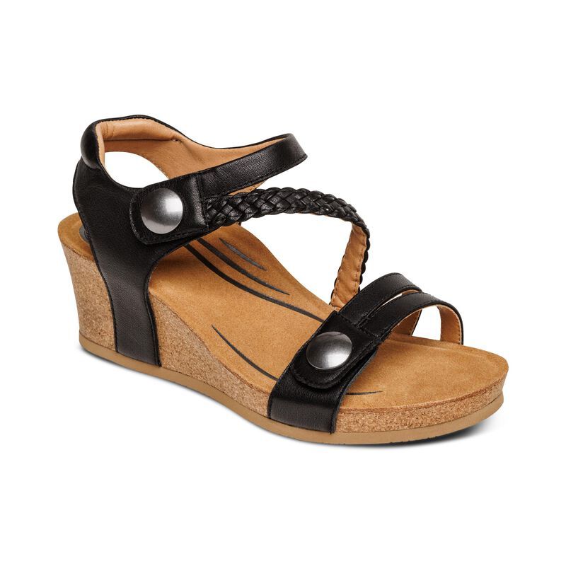 Aetrex | Women's Avril Quarter Strap Wedge-Black | New Arrivals