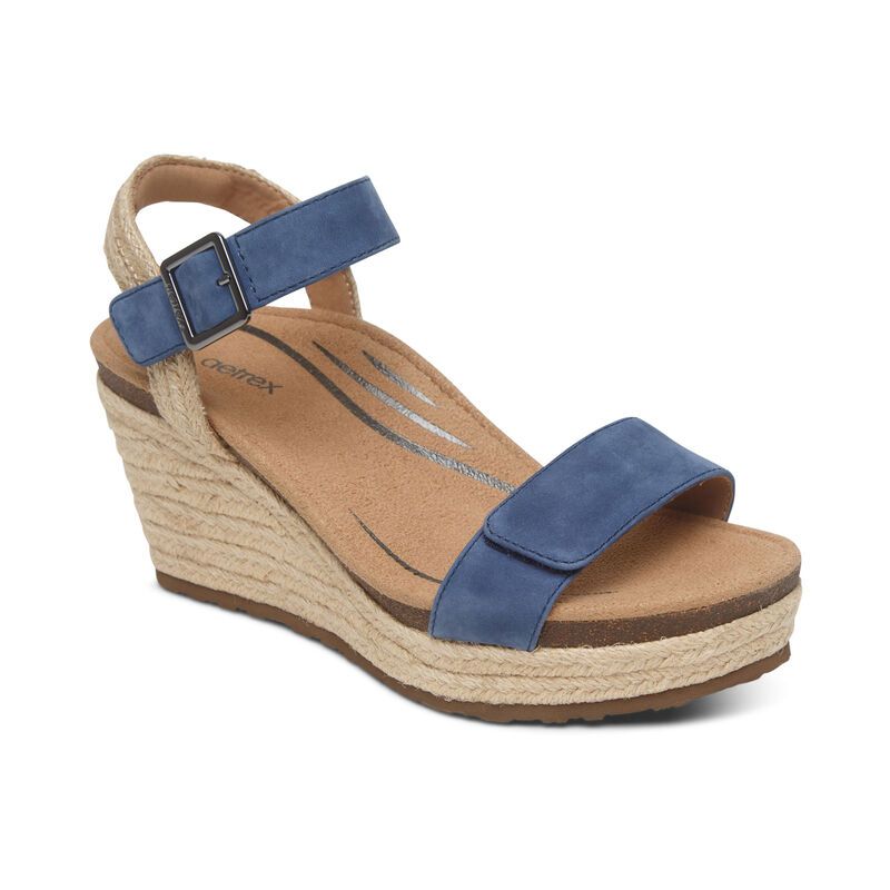 Aetrex | Women's Sydney Quarter Strap Espadrille Wedge-Blue | New Arrivals