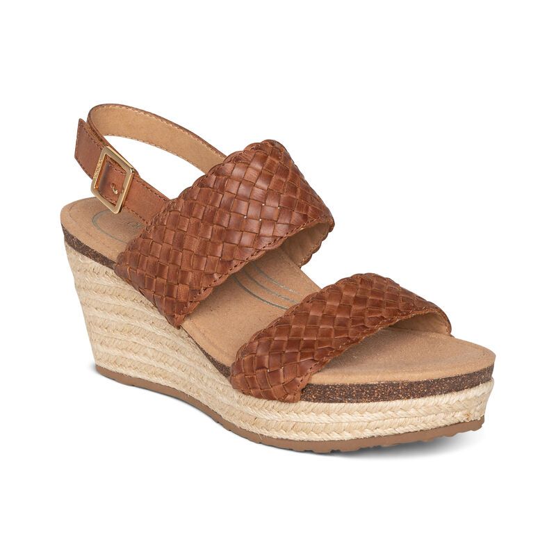 Aetrex | Women's Summer Woven Quarter Strap Wedge-Cognac | New Arrivals