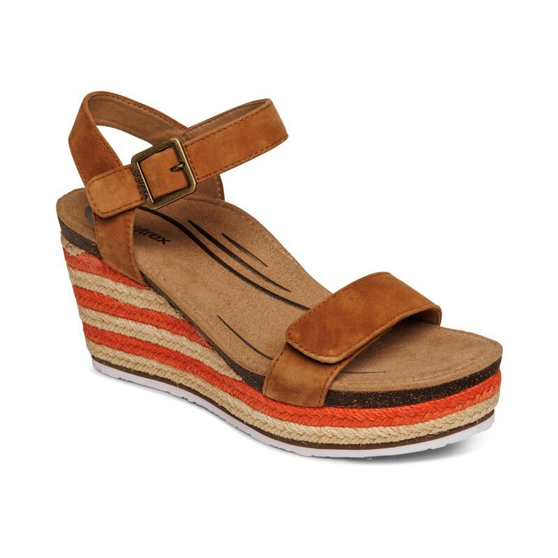 Aetrex | Women's Sydney Quarter Strap Espadrille Wedge-Cognac | New Arrivals