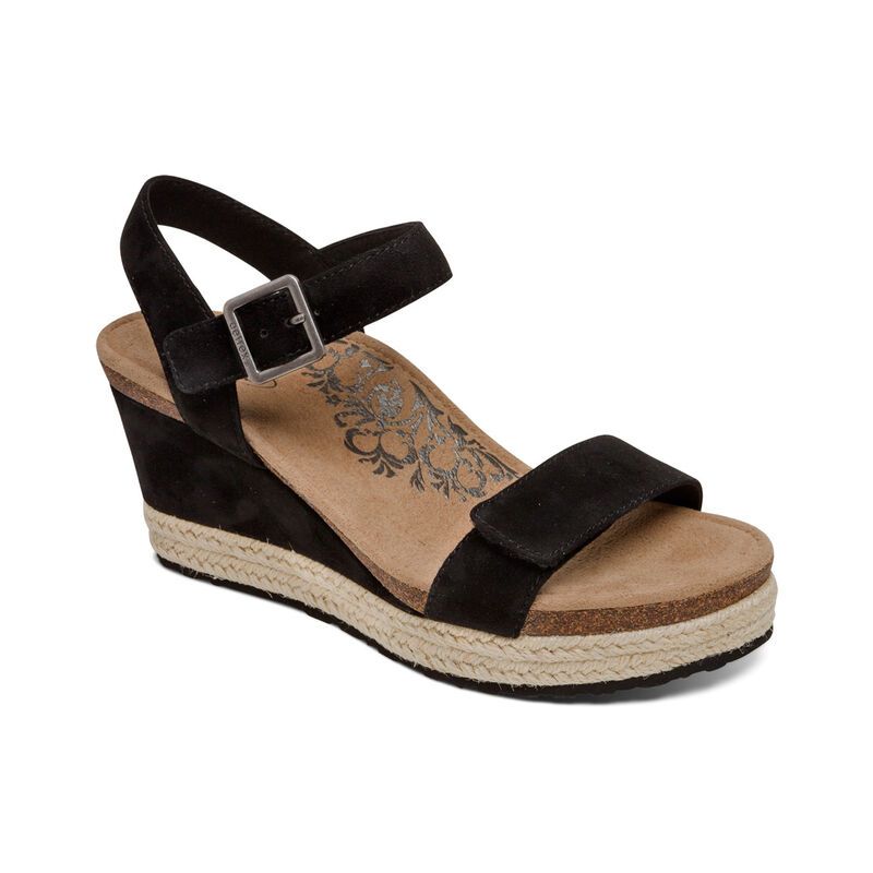 Aetrex | Women's Sydney Quarter Strap Espadrille Wedge-Black | New Arrivals