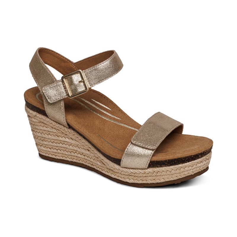 Aetrex | Women's Sydney Quarter Strap Espadrille Wedge-Champagne | New Arrivals