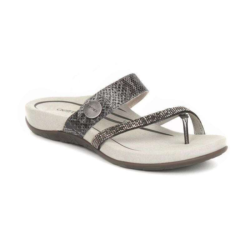 Aetrex | Women's Izzy Adjustable Slide Sandal-Pewter Sparkle | New Arrivals