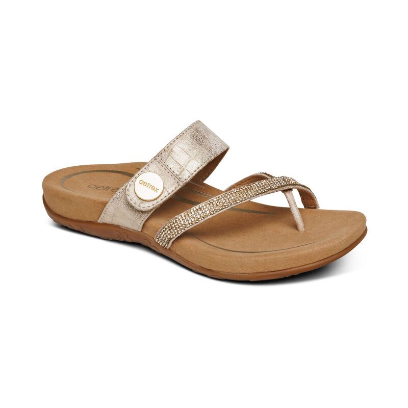 Aetrex | Women's Izzy Adjustable Slide Sandal-Gold Sparkle | New Arrivals