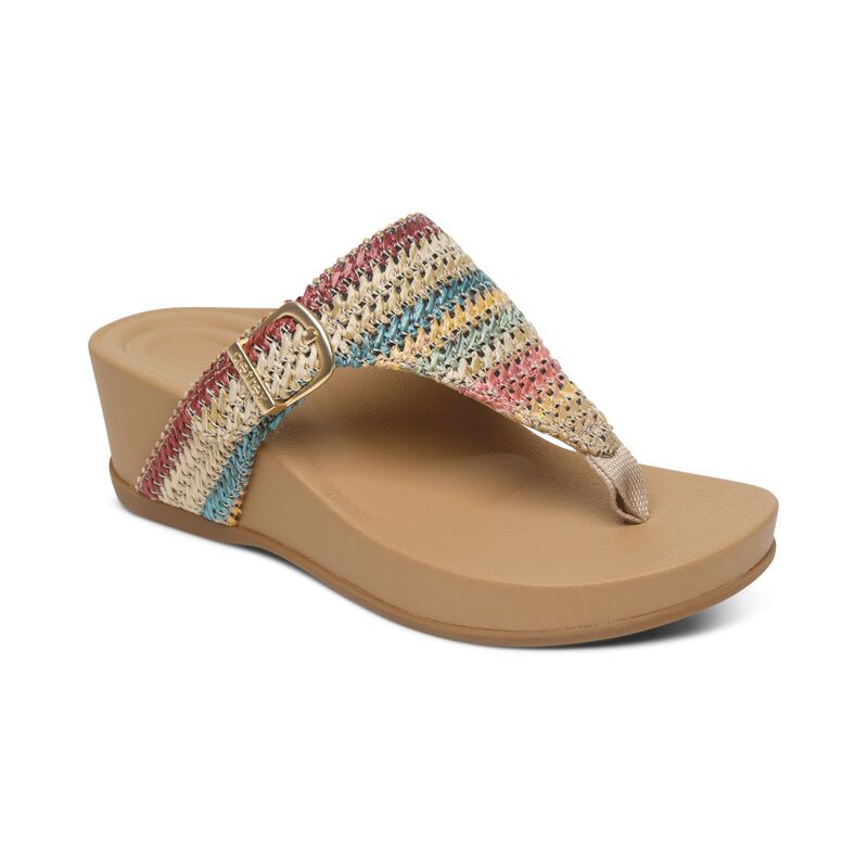 Aetrex | Women's Kate Thong Wedge Sandal-Multi-Woven | New Arrivals