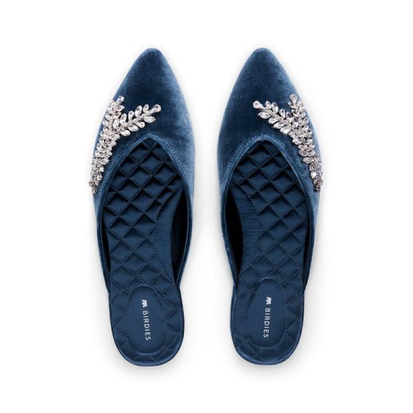 Birdies - Women's The Swan-Jeweled Blue Velvet Slide-Jeweled Ocean