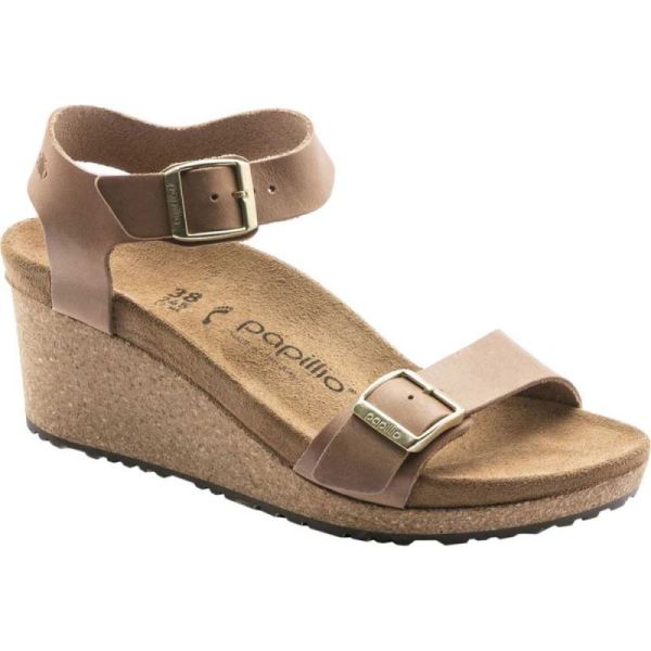 Women's Birkenstock Papillio Soley Ankle Strap Wedge Sandal Light Cognac Leather - Click Image to Close