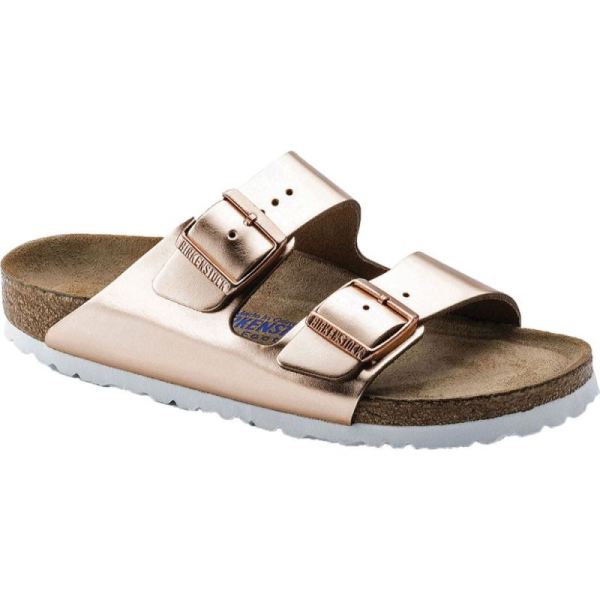 Women's Birkenstock Arizona Soft Footbed Leather Slide Copper Metallic - Click Image to Close