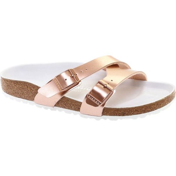 Women's Birkenstock Yao Birko-Flor Slide Metallic Copper Birko Flor - Click Image to Close