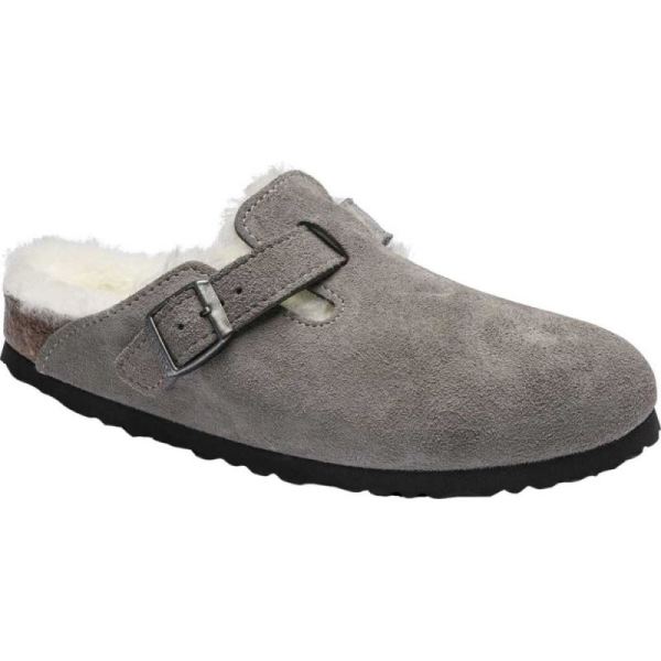 Women's Birkenstock Boston Suede Shearling Clog Stone Coin/Natural Suede/Shearling